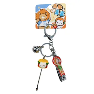 Cute cartoon cat burger nail clipper keychain set with ear pick and bell accessory