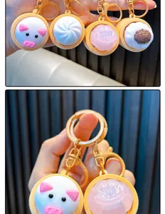 Detailed close-up of cute squeeze bun keychains in various cartoon animal food designs.