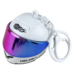 Leuchtender weißer Mini-Motorradhelm-Schlüsselanhänger mit galvanisiertem Visier