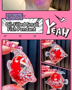 Close-up detail of transparent fish liquid keychain with red floating glitter stars
