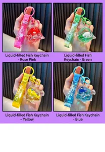Detailed view of colorful liquid fish keychains with quicksand and glitter