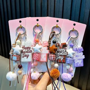 Porte-clés Mignon Bloc de Chocolat Acrylique Boule de Peluche Étoile Pendentif de Sac Corde Tressée pour Sac à Dos Cadeau