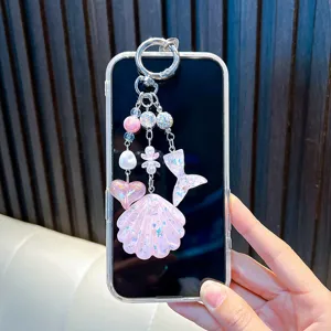 Sparkly pink shell and mermaid tail acrylic phone charm with glitter sequins for accessories