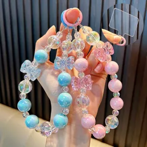 Cute Beaded Acrylic Crystal Bowknot Phone Charm Iridescent Star Keychain Bag Pendant For Women Girls Key Ring Daily Accessory Gift