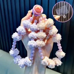 Mignon Porte-clés Chaîne de Téléphone Perlé avec Pompon Perles en Acrylique Colorées Bijou de Sac en Peluche pour Femmes Filles Cadeau