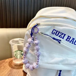 Porte-clés à perles pompon violet pour sac ou accessoires de téléphone