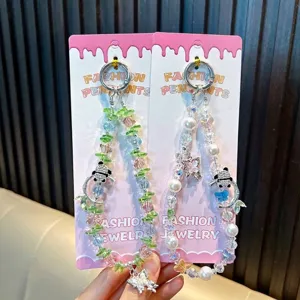 Lanière de Téléphone en Perles de Panda en Cristal Porte-clés Strass Bijoux Faits à la Main Pendentif de Sac pour Femmes Filles Cadeau