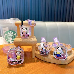 Adorable crystal panda liquid glitter acrylic keychain charm for girls backpack and keys
