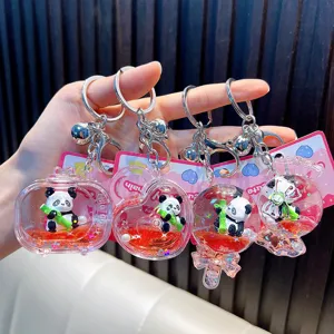 Cartoon panda vloeibare sleutelhangers in verschillende acryl flesvormen met glitters