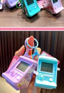 Close-up detail of mini electronic Tetris game console keychains in pastel colors