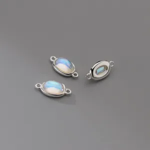 S925 Sterling Silver Synthetic Moonstone Oval Pendant DIY Jewelry Making Connector Findings For Bracelet Necklace