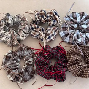 Vintage Preppy Plaid Hair Scrunchie With Long Bow Ribbon Fashion High Elastic Fabric Hair Tie For Women Girl Daily Headwear