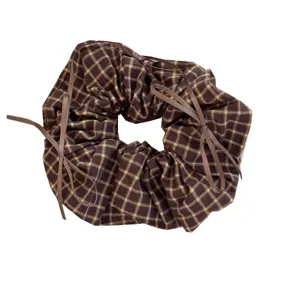 Retro brown plaid scrunchie hair tie with delicate ribbon bows for elegant hair styling