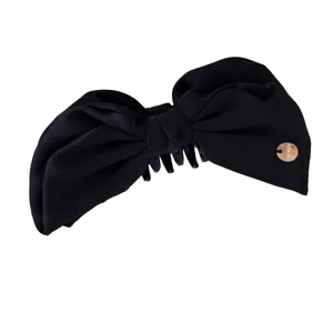 Elegant black satin bow banana hair clip designed for voluminous ponytail hairstyles