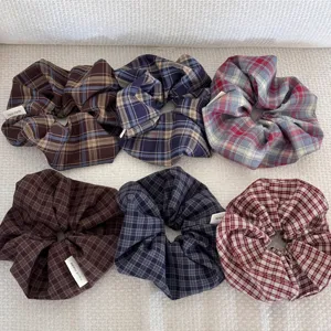 Korean Style Vintage Plaid Scrunchie Retro Checkered Fabric Hair Tie Large Elastic Hair Band For Women Ponytail Bun Accessories