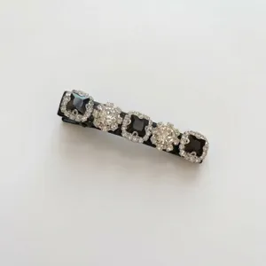 Elegant Korean style black satin duckbill hair clip with square and round rhinestones