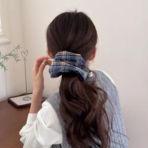 Elegant retro blue and beige plaid oversized scrunchie for women's low ponytail