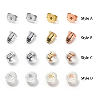 Collection of S925 sterling silver and silicone earring stoppers in various metallic finishes.