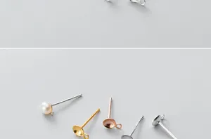 Close-up of S925 sterling silver earring posts with pearl cup base for DIY jewelry