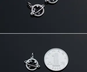 Macro view of a sparkling S925 silver planet pendant next to a coin for scale reference.