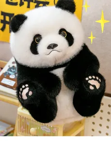 Macro detail of a high-quality realistic panda plush doll with soft fur texture