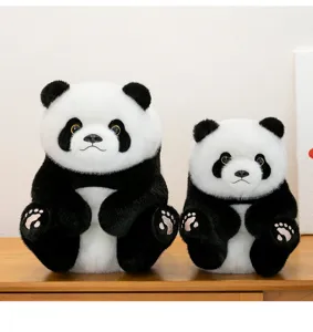 Realistic chubby panda plush toy set in two sizes displayed on a wooden shelf
