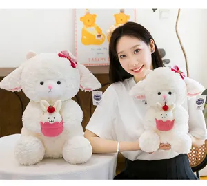 Asian model holding a cute white lamb plush toy featuring a small pink bunny accessory