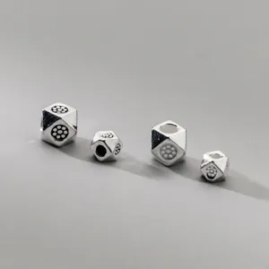 Vintage S925 sterling silver geometric faceted beads with flower pattern for DIY jewelry