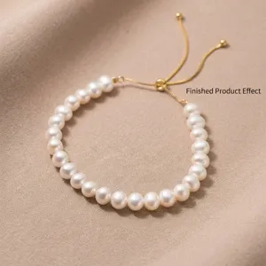 Elegant white pearl bracelet with adjustable gold finish S925 silver slider chain