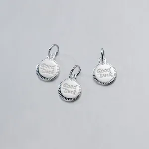 Sterling silver Good Luck engraved round charm pendants for DIY jewelry making projects