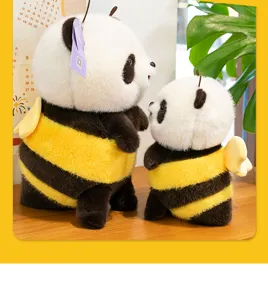 Close-up of cute panda bee plush toys showing soft fur texture and yellow wings
