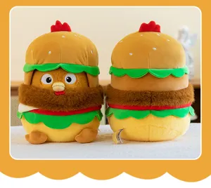 Front and back view of a cute burger-shaped chicken plush toy featuring soft fluffy texture.