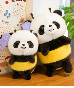 Detailed view of two cute bee-shaped panda plush toys in different sizes with soft fur