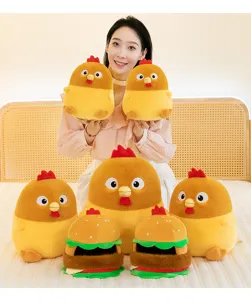 Collection of cute stuffed chicken and burger-themed plush toys displayed on a bed with model.