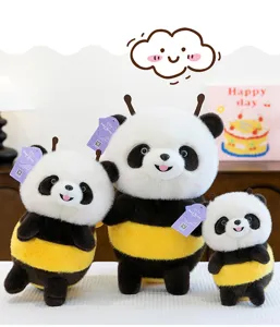 Close-up group shot showing three sizes of the creative panda bee plush toy collection