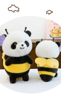 Cute panda plush toy wearing a bumblebee costume with wings shown in a detail view.