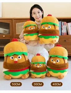 Detailed view showing 30cm, 40cm, and 50cm sizes of hamburger chicken plush toy