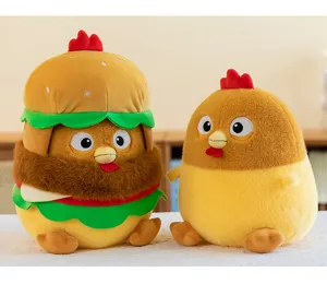 Macro view of cute plush chickens with one wearing a removable hamburger costume set