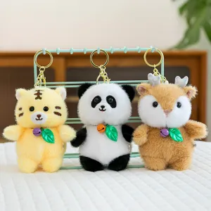 Cute cartoon animal plush keychains set, tiger panda and deer soft pendant toys for bags.