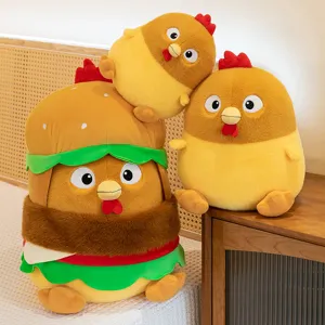 Adorable burger-shaped chicken plush toys set displayed in a cozy bedroom setting