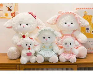 Detailed group view of cute white sheep plush toys in various sizes with pink and green outfits
