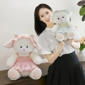 Cute white lamb plush toy set with pink and green dresses, perfect Valentine's gift idea
