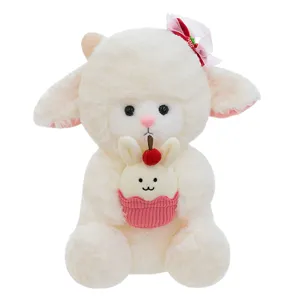 Cute white plush lamb toy doll holding a bunny rabbit cupcake for Valentine's gift