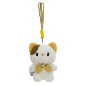 Soft plush cat keychain with a yellow polka-dot bow and a brown bear button decoration.