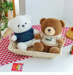 Two adorable plush teddy bears wearing customized hoodies inside a cozy woven basket