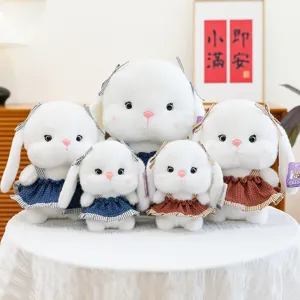 Mignon Lapin en Peluche Blanc Jouet En Peluche Avec Robe à Carreaux en Tricot Poupée Lapin Style Pastoral pour Enfants Cadeau