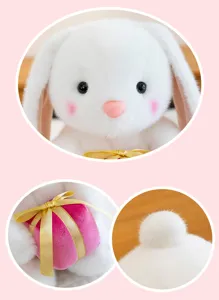Gedetailleerde weergaven van een schattig wit pluche konijn met een roze geschenkdoosje