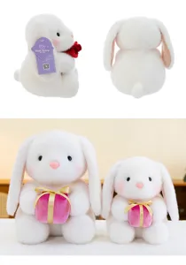 Gedetailleerde weergave van de schattige witte pluchen konijnenpop met geschenkdoos en roos