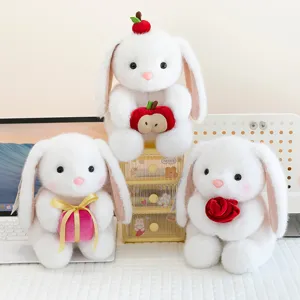 Schattige witte knuffelkonijntjes met lange oren, appel, cadeau en roos set van 3 stuks