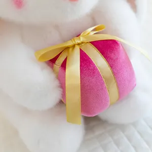 Schattig wit pluche konijn met een roze fluwelen geschenkdoos en geel lint.